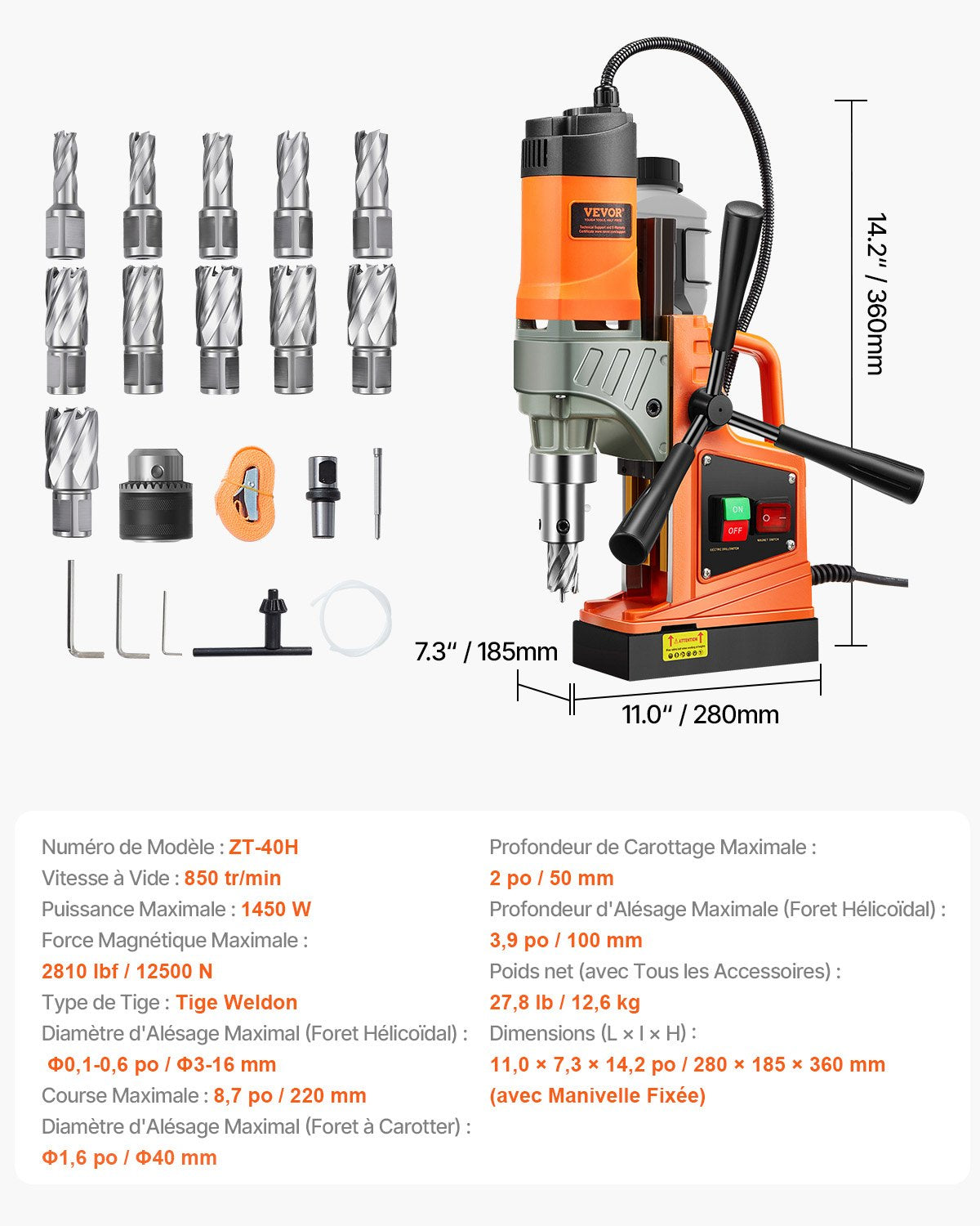 Magnetinės gręžimo staklės VEVOR, 1450 W, 40 mm gręžimo skersmuo