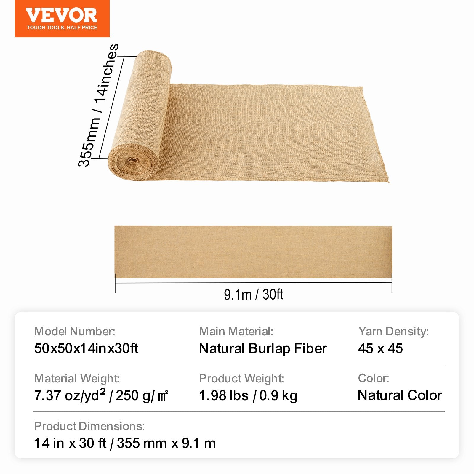 Juto audinio rulonas VEVOR 50x50x14inx30ft, 35,5 cm x 9,1 m