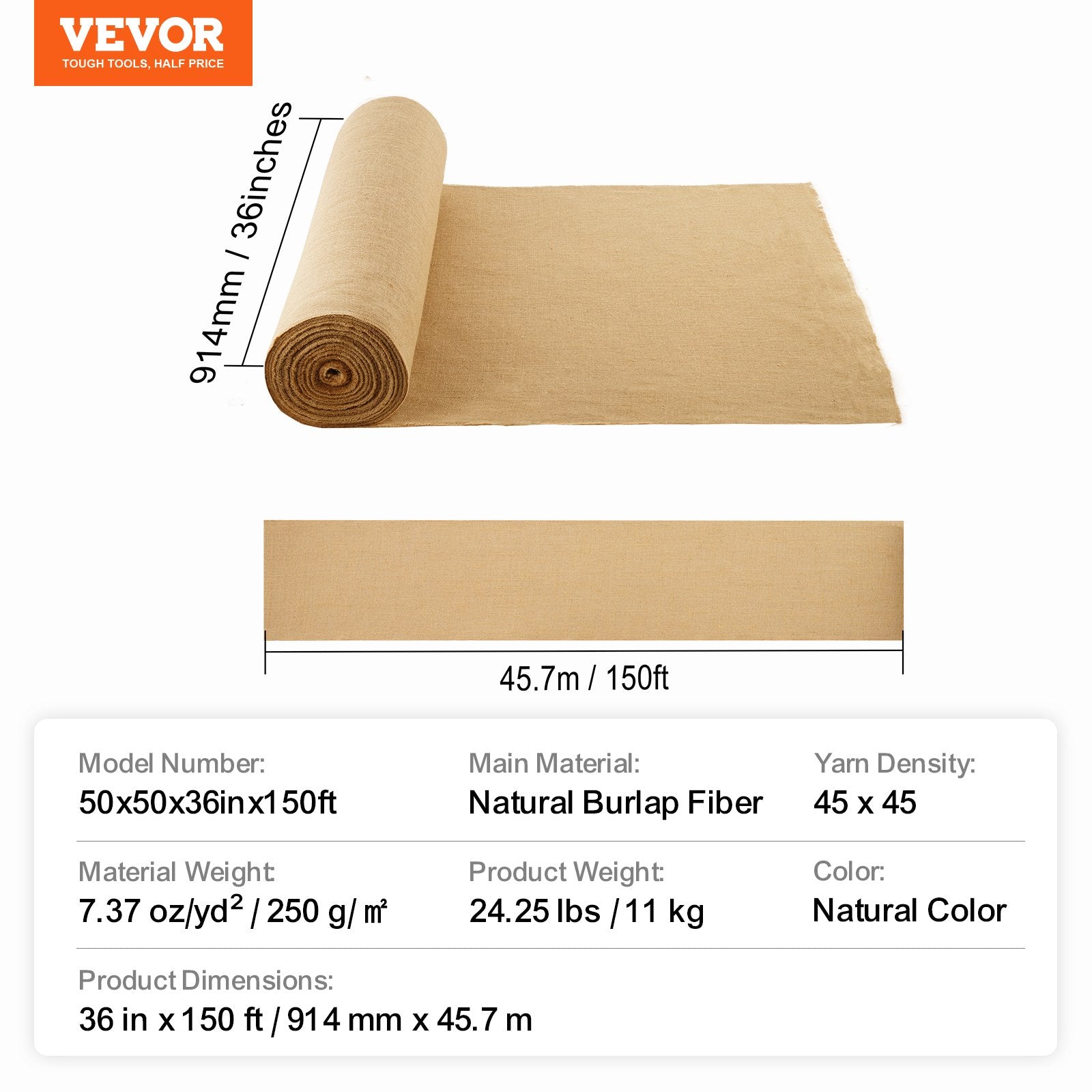 Džiuto audinio rulonas VEVOR 50x50x36inx150ft, 91,4 cm x 45,7 m