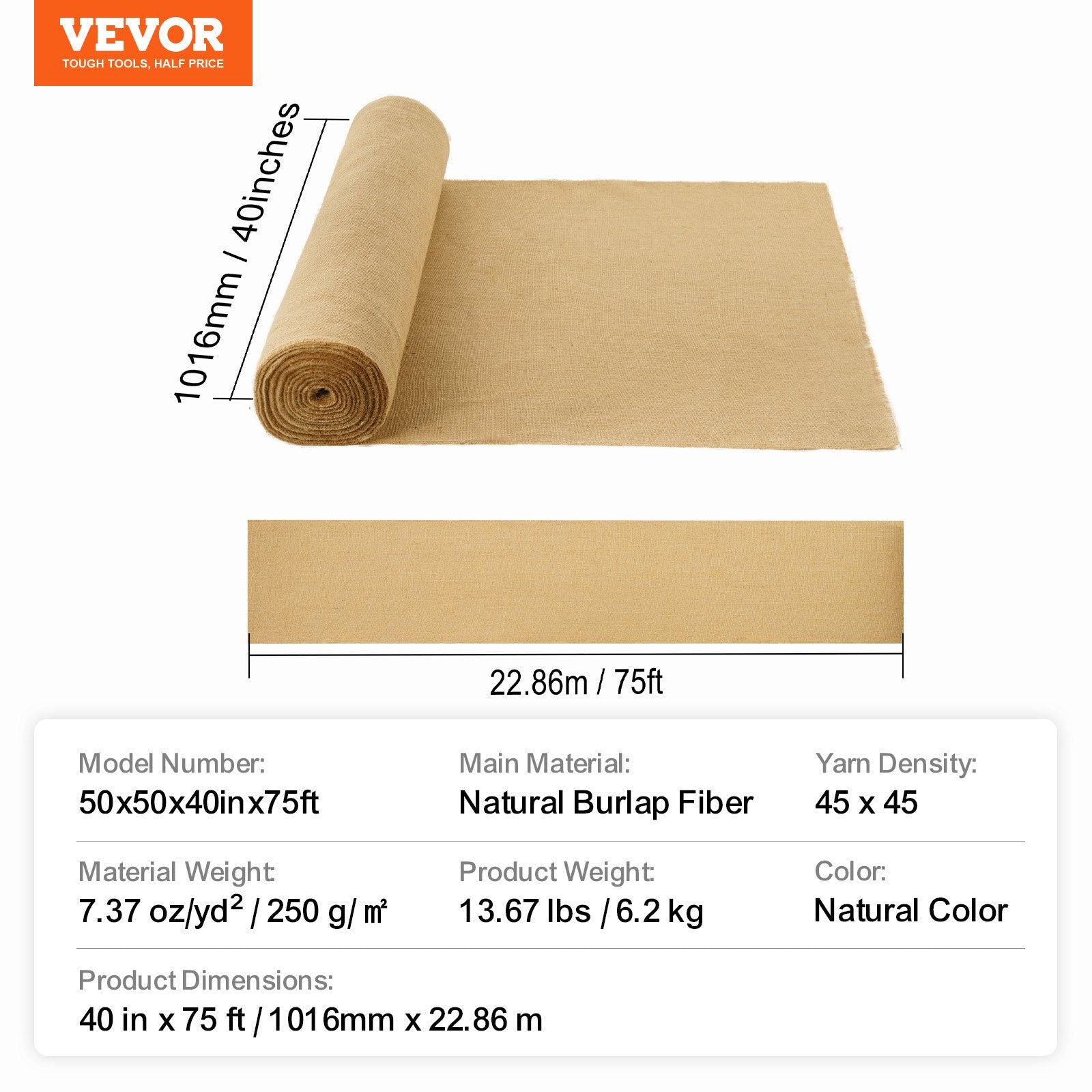 Džiuto audinio rulonas VEVOR 50x50x40inx75ft, 101,6 cm x 22,86 m