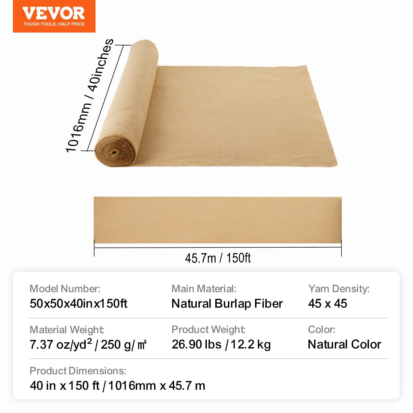 Džiuto audinio rulonas VEVOR 50x50x40inx150ft, 101,6 cm x 45,7 m