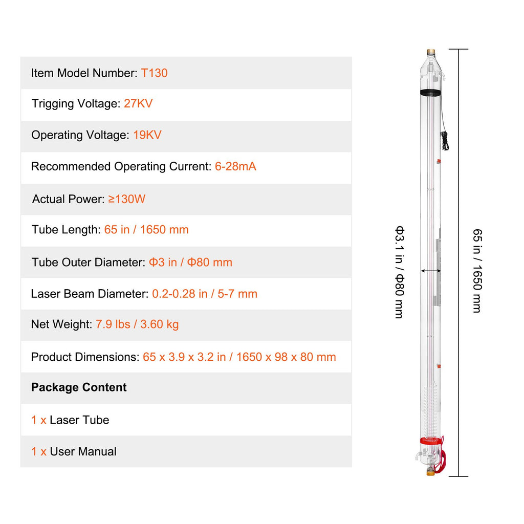 CO2 lazerio vamzdis VEVOR T130, 130W