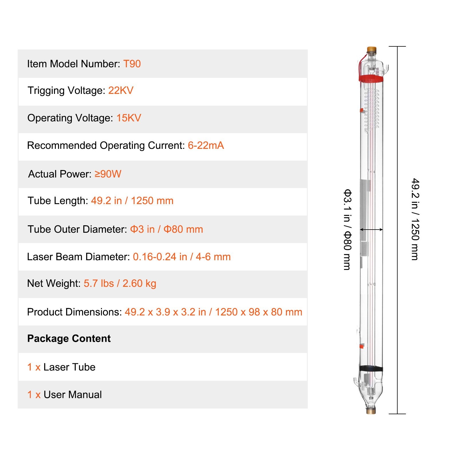 CO2 lazerio vamzdis VEVOR T90, 90W