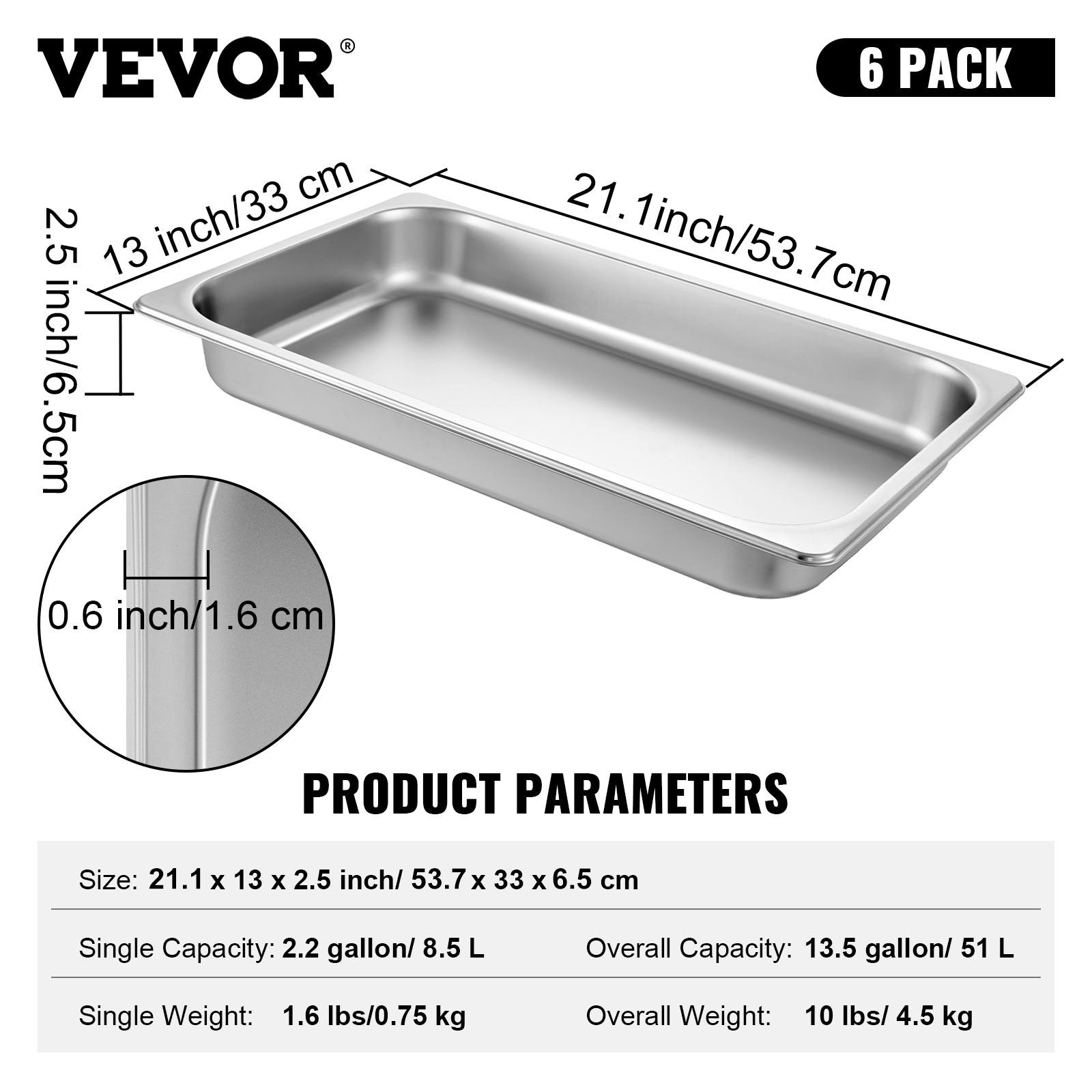 Gastronominiai indai VEVOR GN 1/1, 6 vnt., 8,5 l