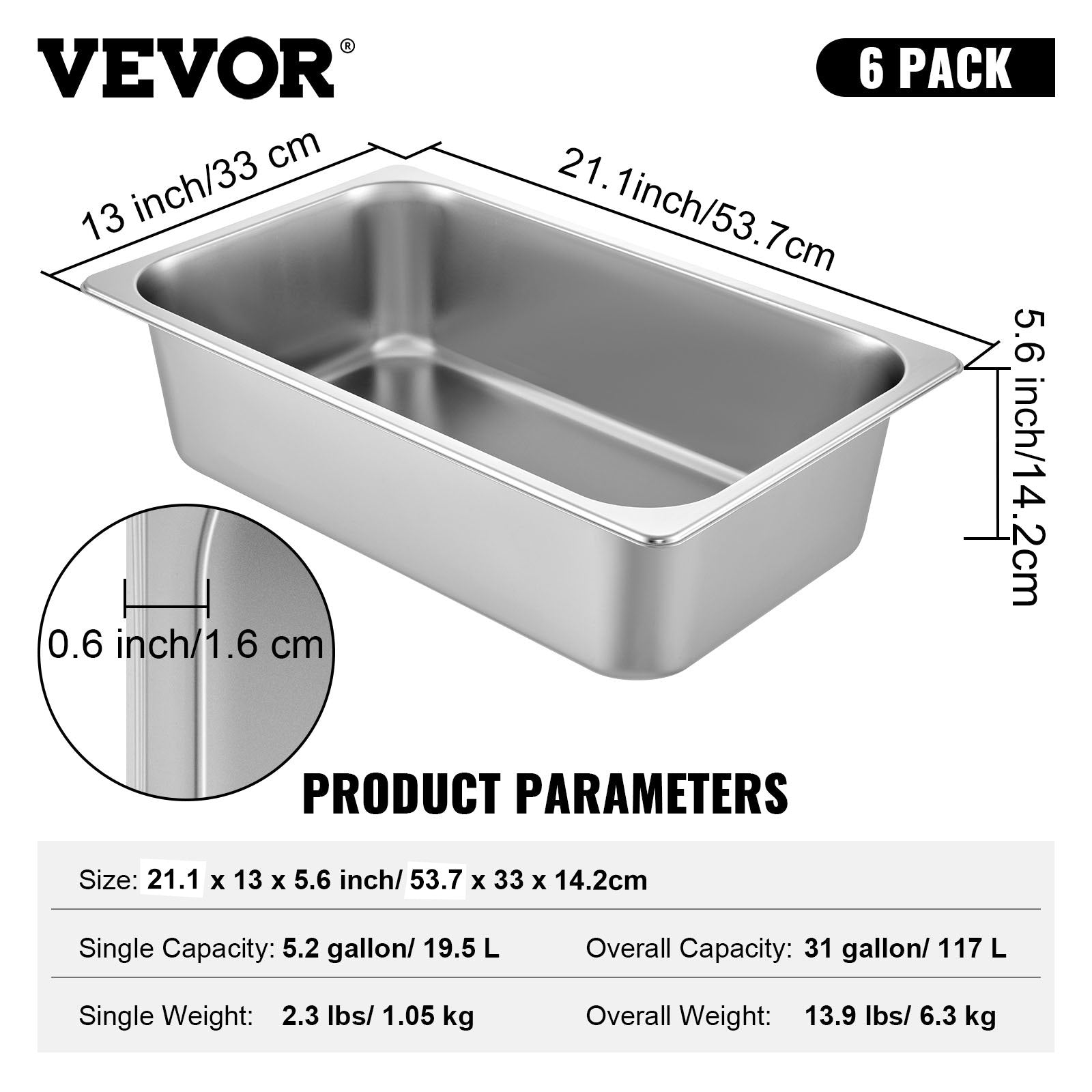 Gastronominiai indai VEVOR 6 vnt. rinkinys, 20,5 l talpa