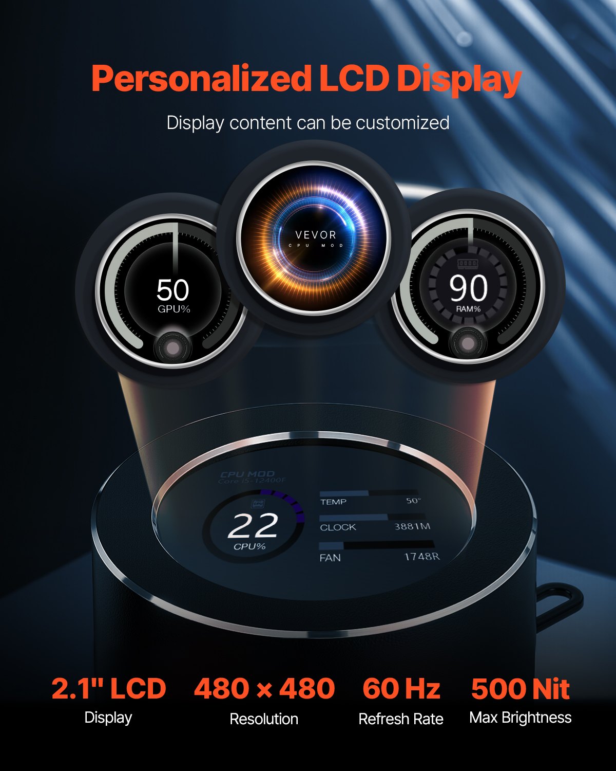 Procesoriaus skysčio aušintuvas VEVOR YC-01-SS-001, 2,1 colio LCD ekranas