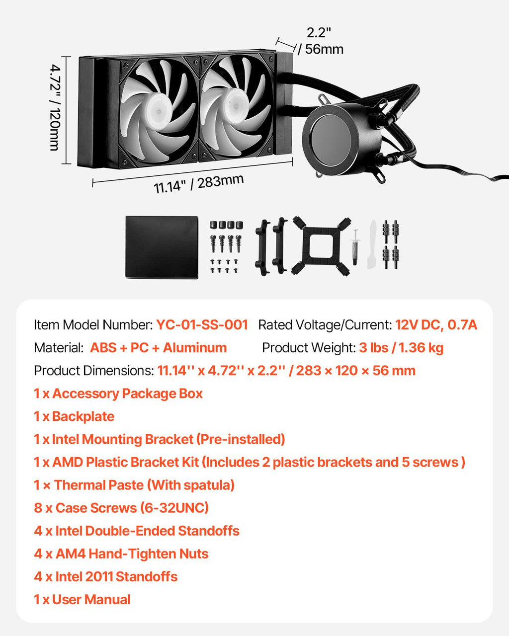 Procesoriaus skysčio aušintuvas VEVOR YC-01-SS-001, 2,1 colio LCD ekranas