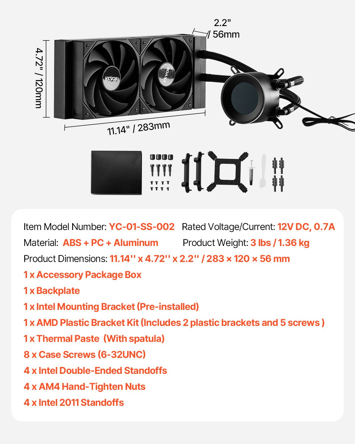 Procesoriaus skysčio aušinimo sistema VEVOR YC-01-SS-002, 1.8" ekranas