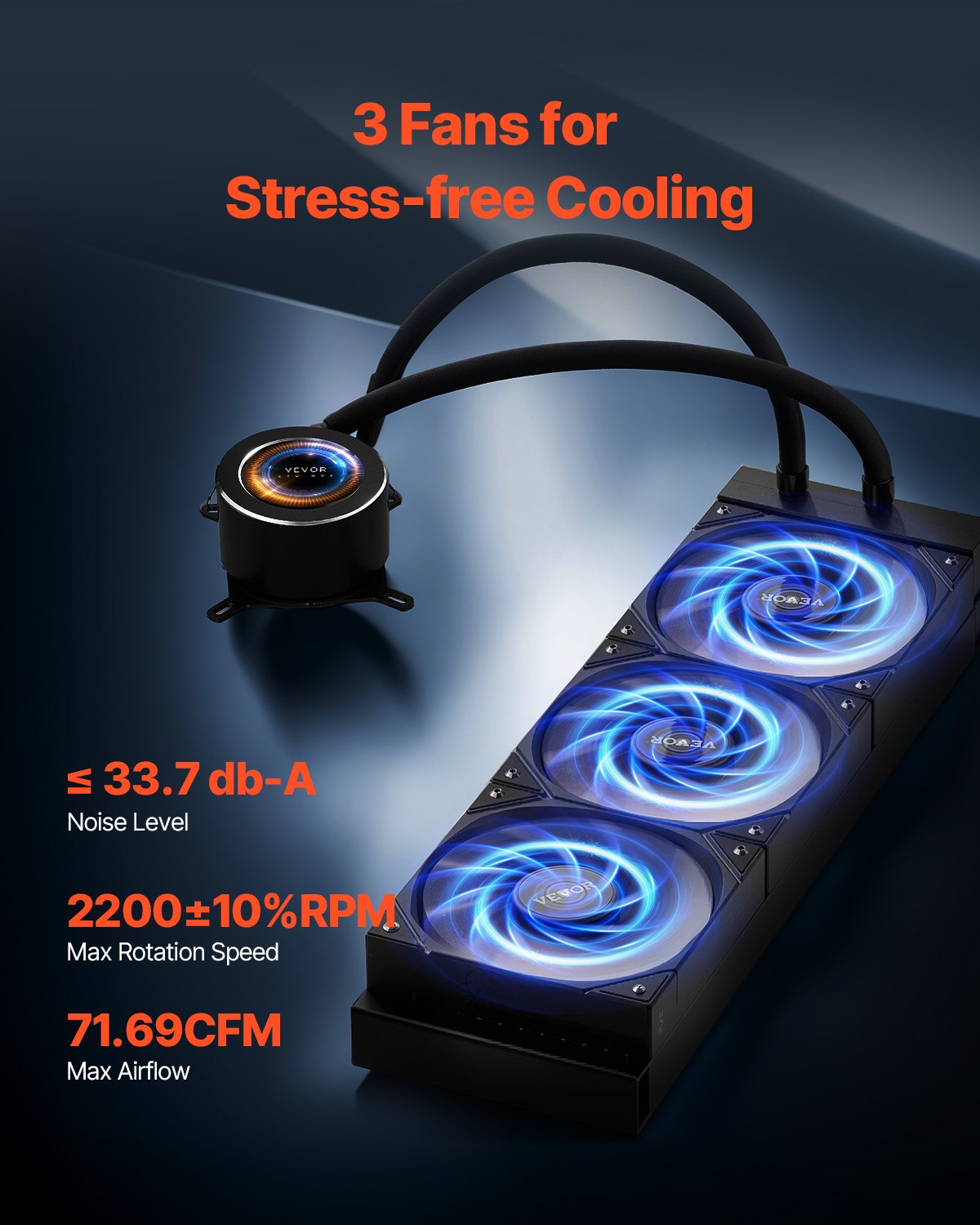 Procesoriaus skysčio aušinimo sistema VEVOR YC-01-SS-004, 3x120 mm ventiliatoriai ir LCD ekranas