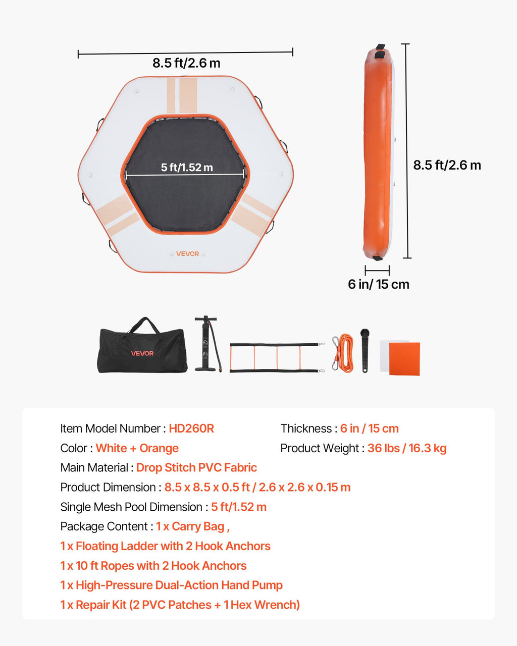 Pripučiama plaukiojanti platforma VEVOR HD260R, 2,6 x 2,6 m