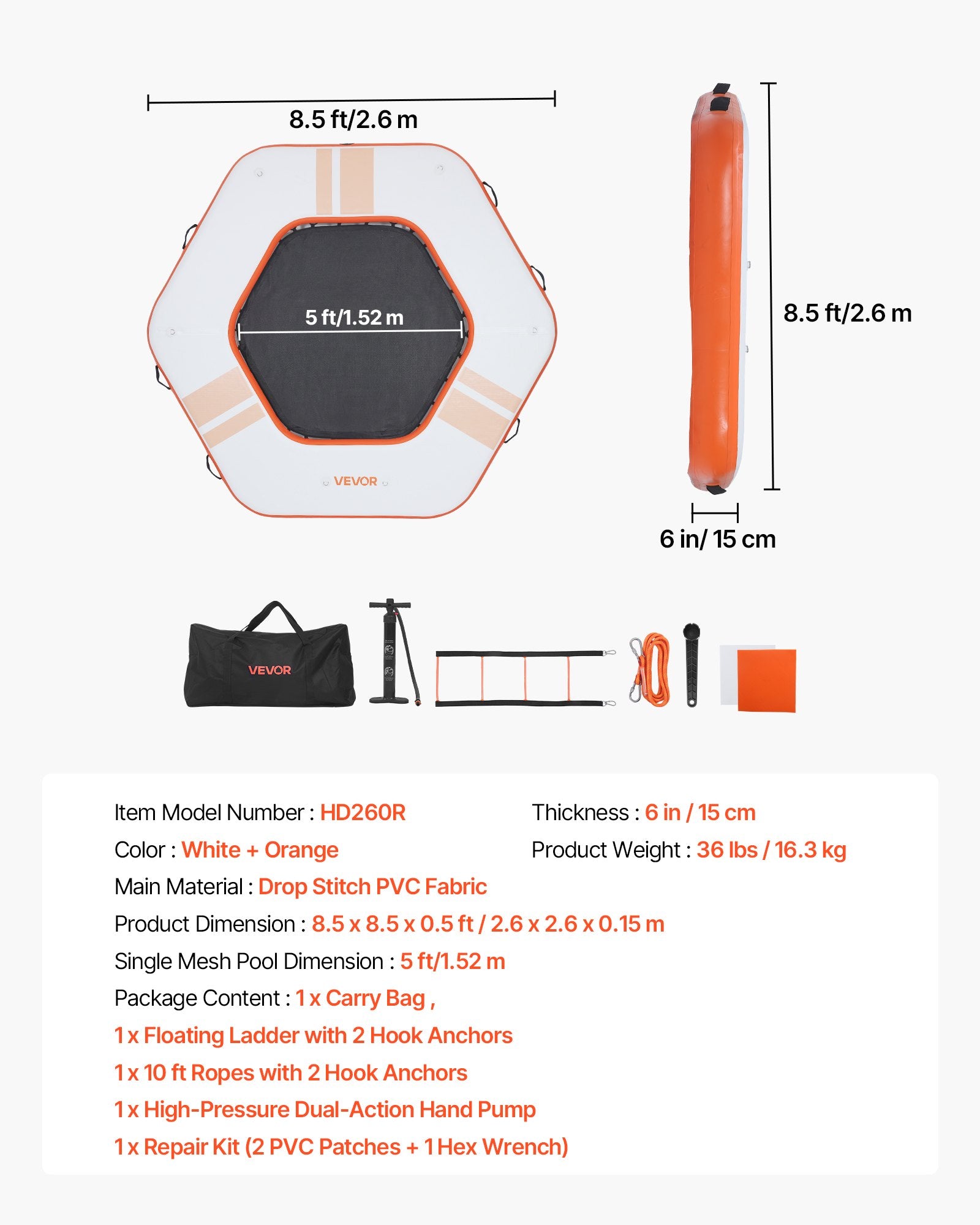 Pripučiama plaukiojanti platforma VEVOR HD260R, 2,6 x 2,6 m