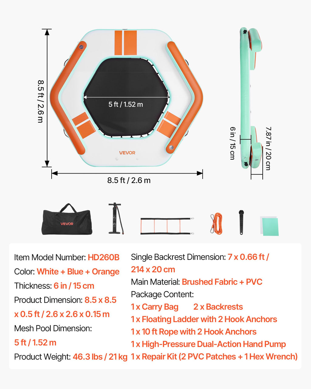 Pripučiama plaukiojanti platforma VEVOR HD260B, 2,6 x 2,6 m