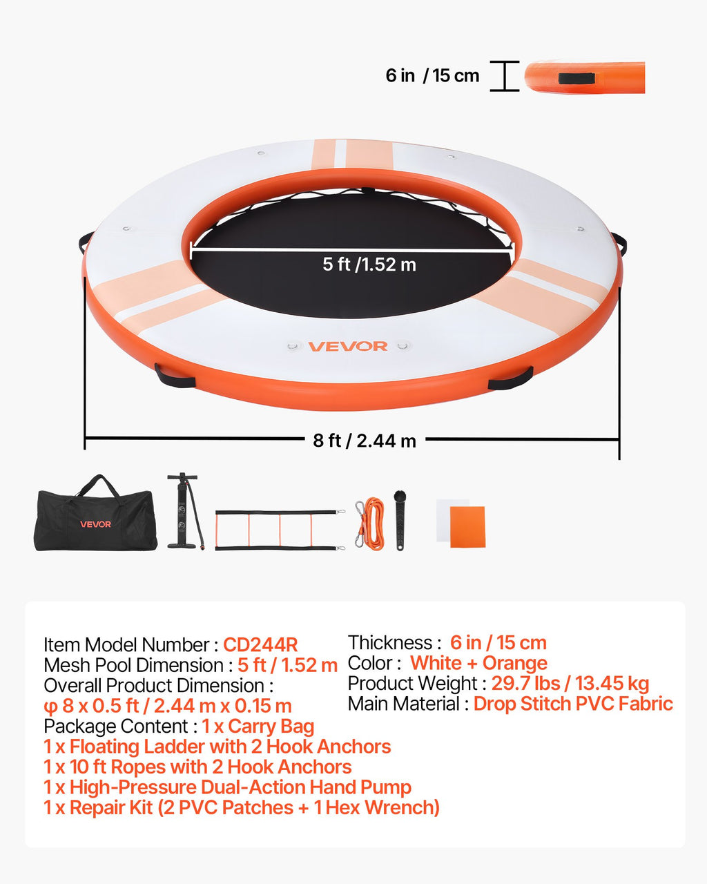 Pripučiama plaukiojanti platforma VEVOR CD244R, 2,44 m