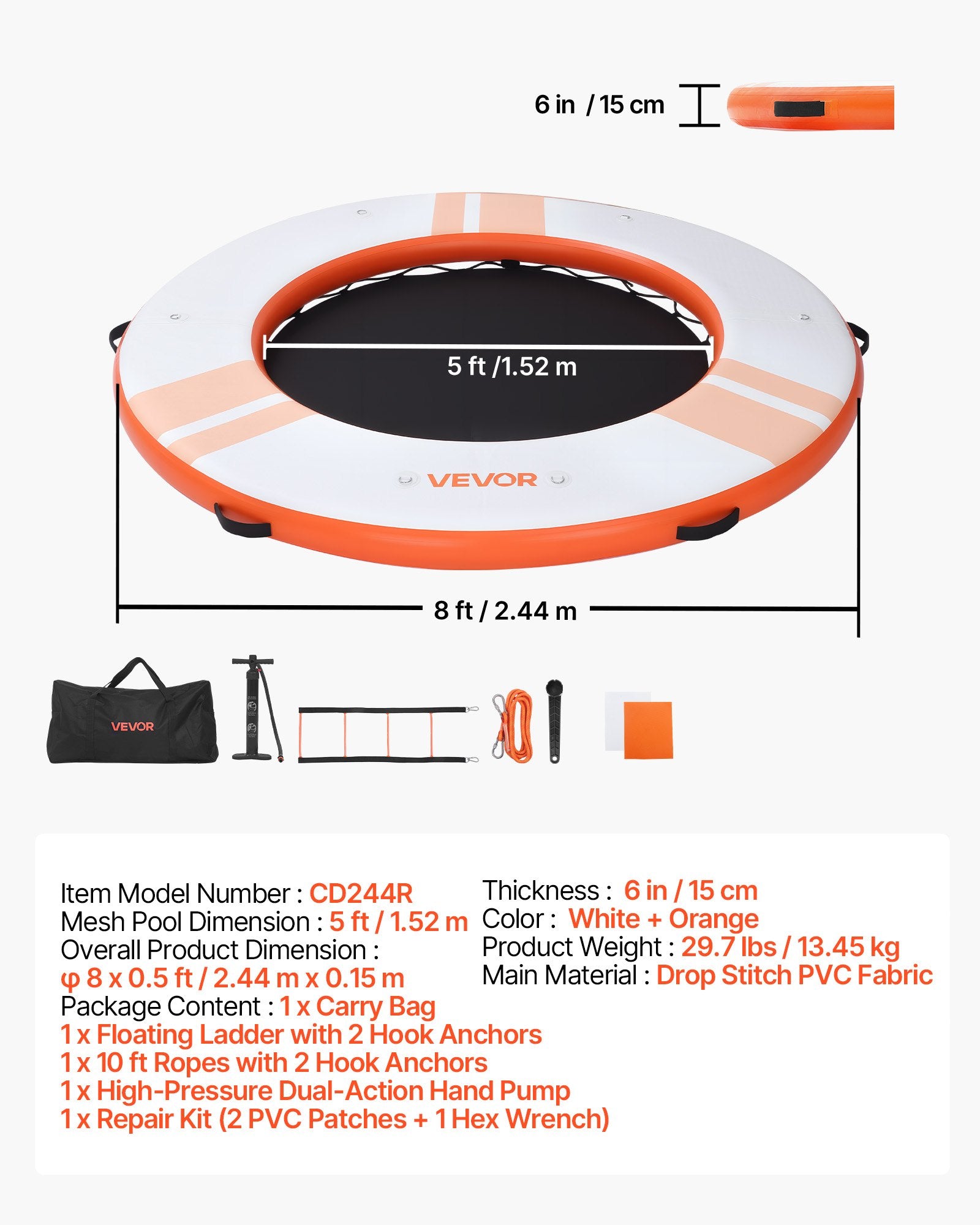 Pripučiama plaukiojanti platforma VEVOR CD244R, 2,44 m
