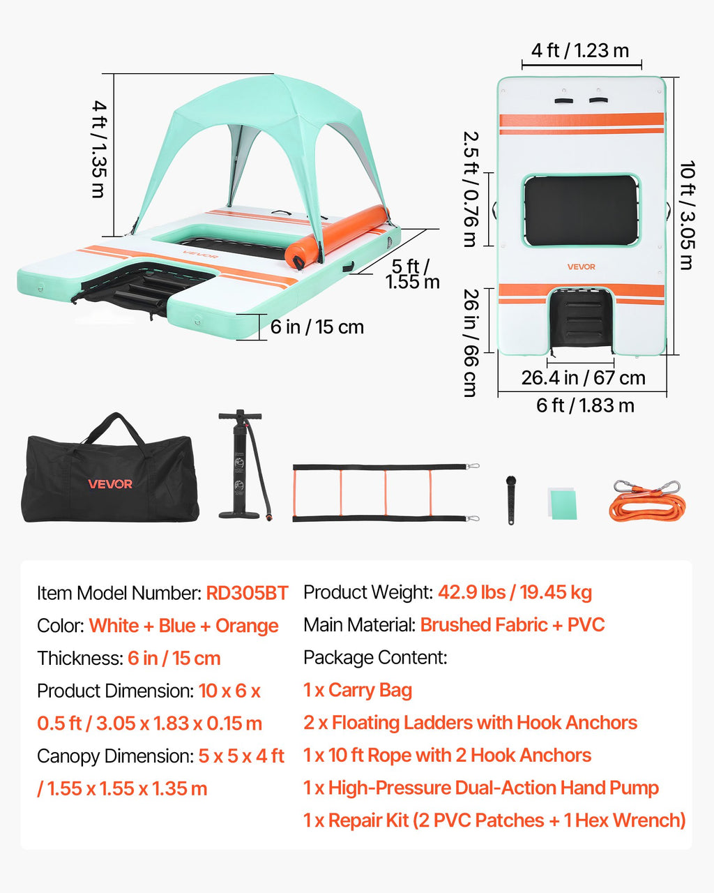 Pripučiama plaukiojanti platforma VEVOR RD305BT, 3,05x1,83 m