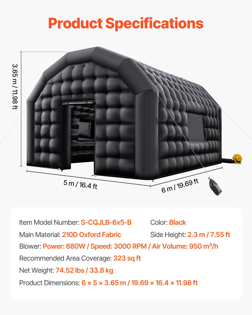 Pripučiama palapinė-naktinis klubas VEVOR S-CQJLB-6x5-B, 6 x 5 x 3,66 m