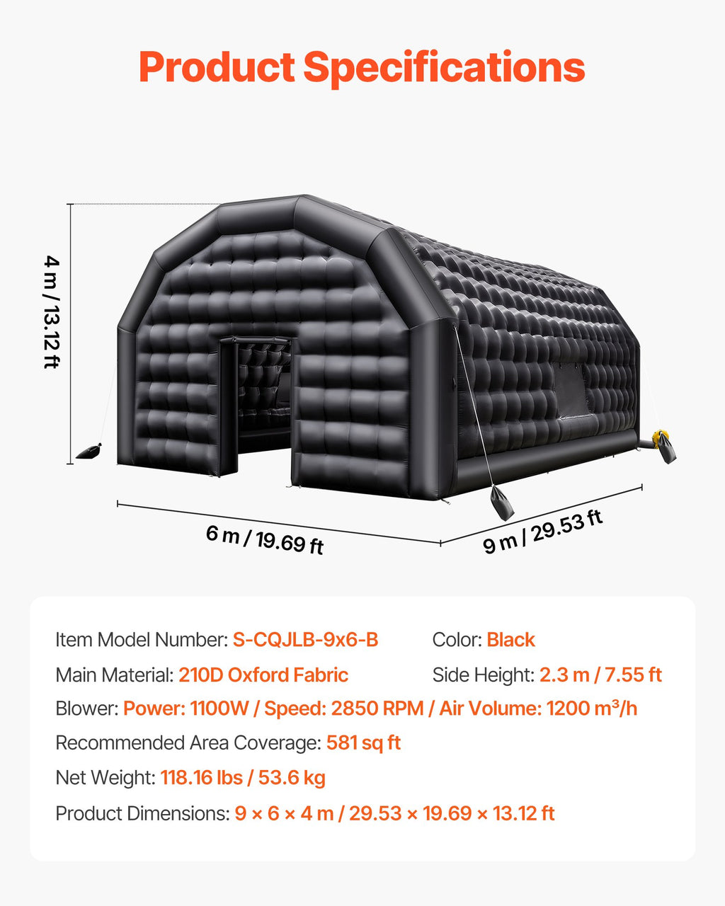 Pripučiama palapinė-naktinis klubas VEVOR S-CQJLB-9x6-B, 9 x 6 x 4 m