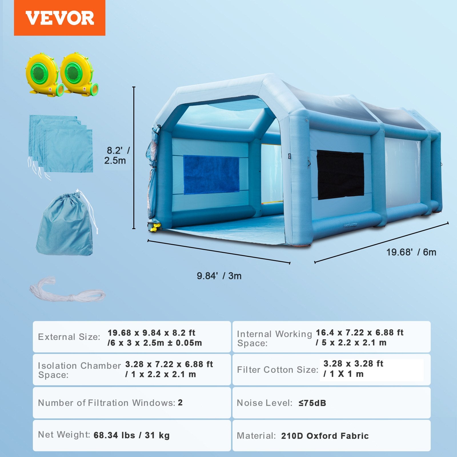 Pripučiama dažymo kamera VEVOR YJSSX06, 6 x 3 x 2,5 m