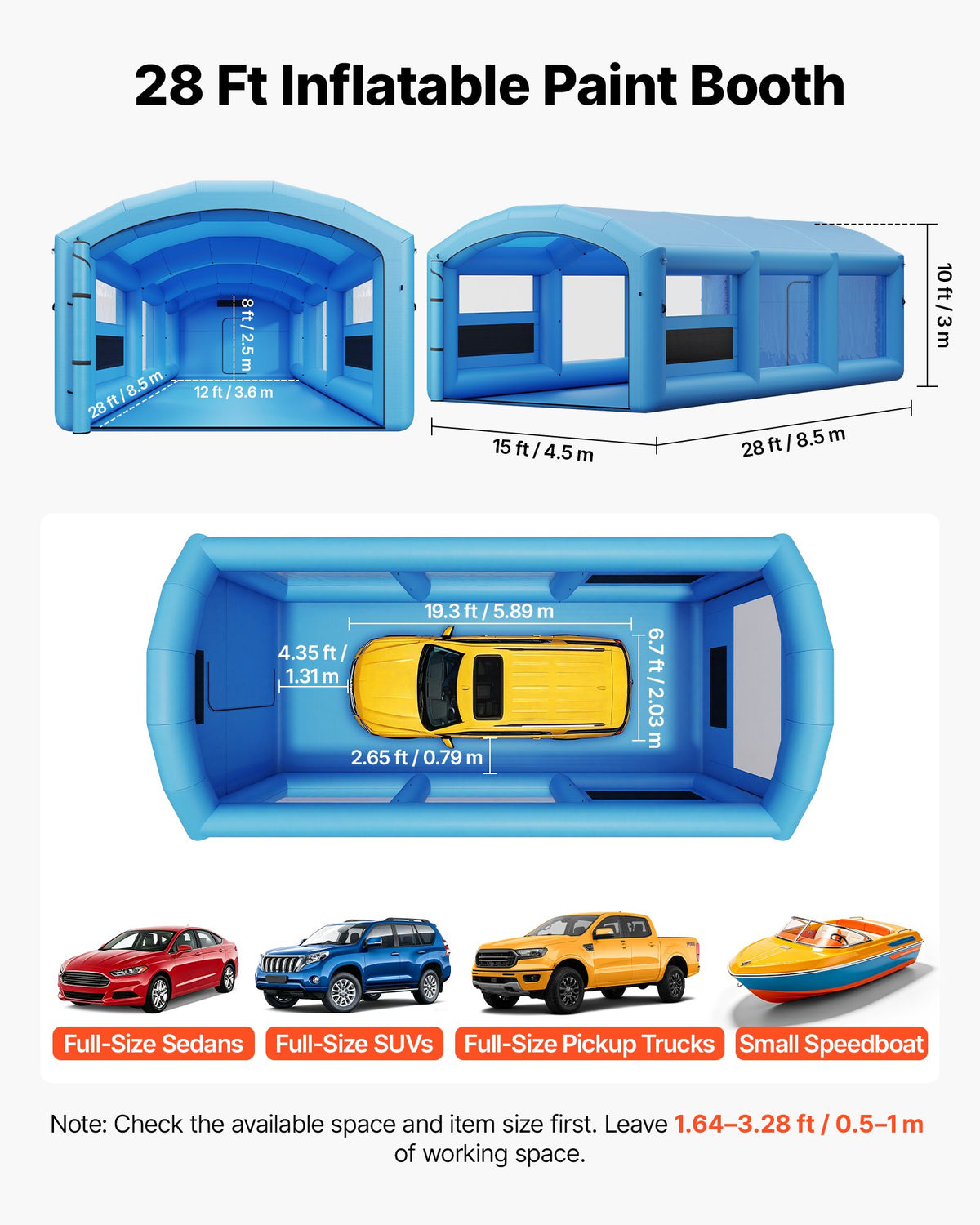 Pripučiama dažymo kamera VEVOR YJCQYDPQFBK85L-W, 8,5 x 4,5 x 3 m