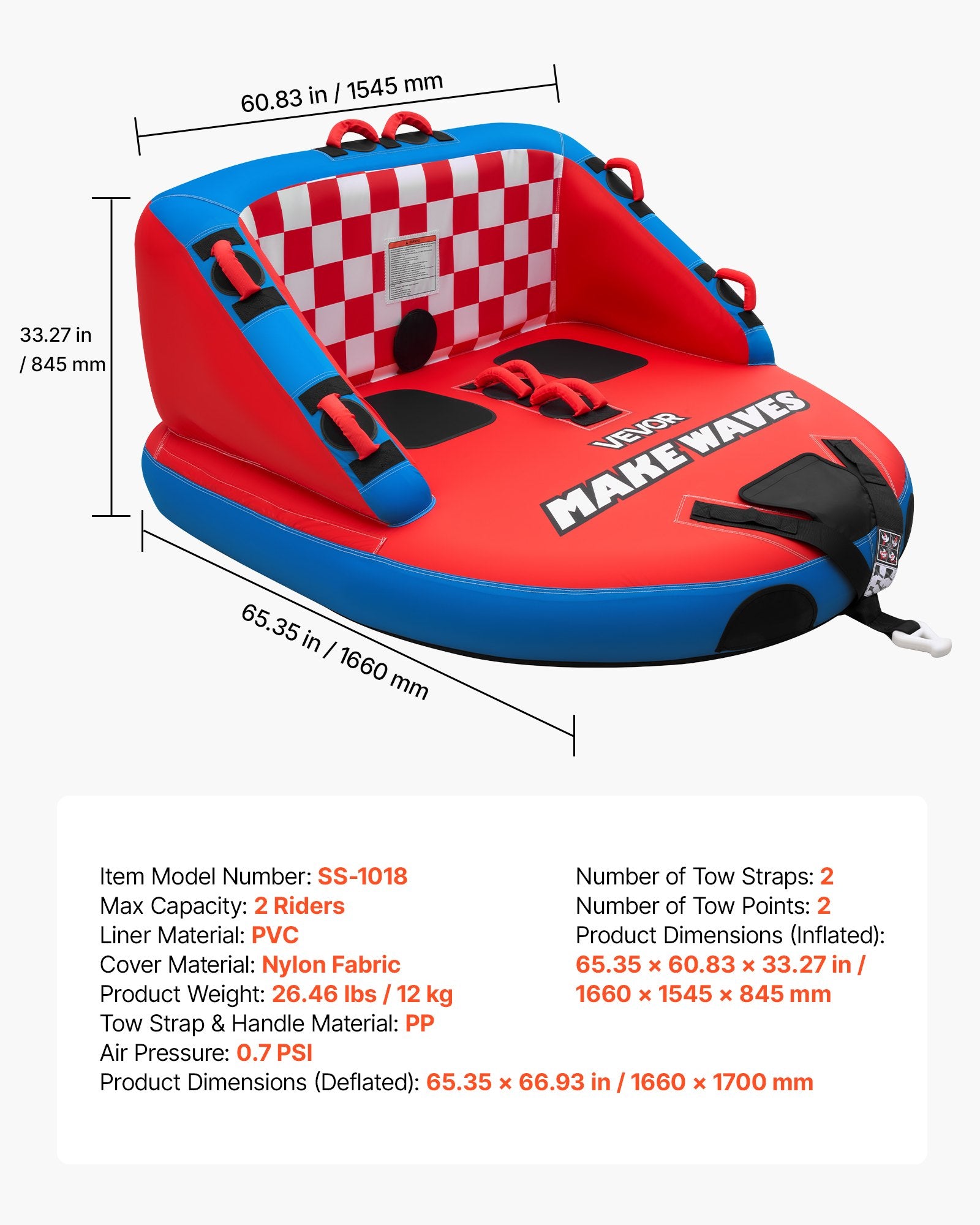 Pripučiamas vandens ratas VEVOR SS-1018, 2 asmenims