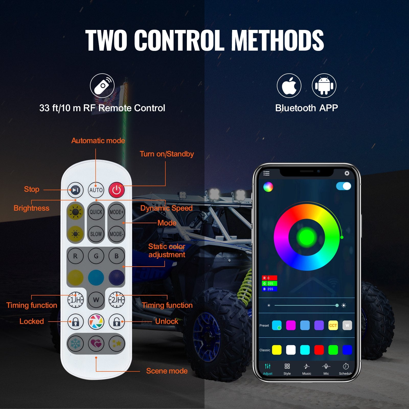 LED antenos žibintas VEVOR WM-3190RGB-XC-CR-TH-1, 91 cm ilgio su RGB apšvietimu
