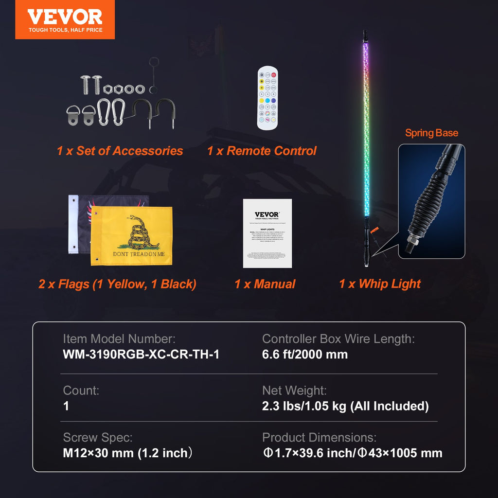 LED antenos žibintas VEVOR WM-3190RGB-XC-CR-TH-1, 91 cm ilgio su RGB apšvietimu