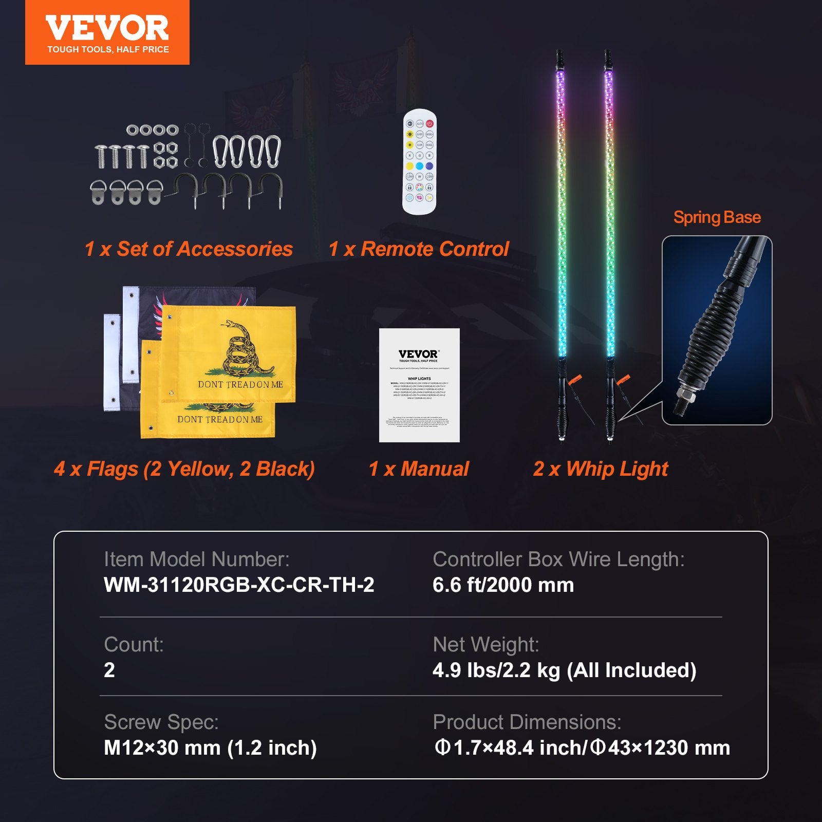 LED antenos-šviesos VEVOR WM-31120RGB-XC-CR-TH-2, 1,2 m