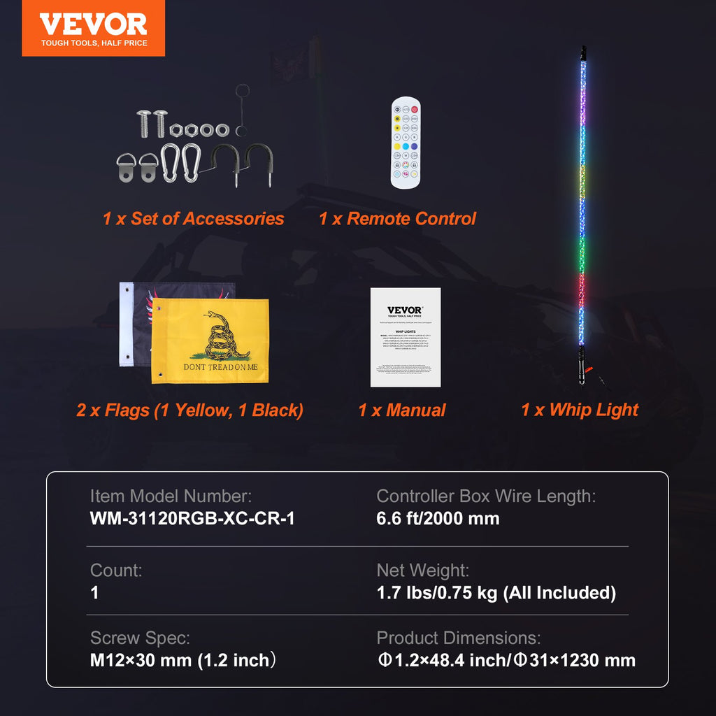 LED žibintas-antena VEVOR WM-31120RGB-XC-CR-1, 122 cm