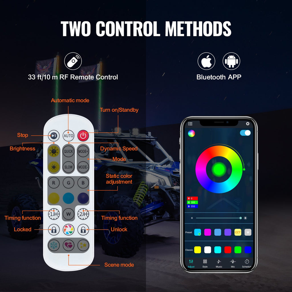 LED antenos-žibintai VEVOR WM-31120RGB-XC-CR-2, 122 cm