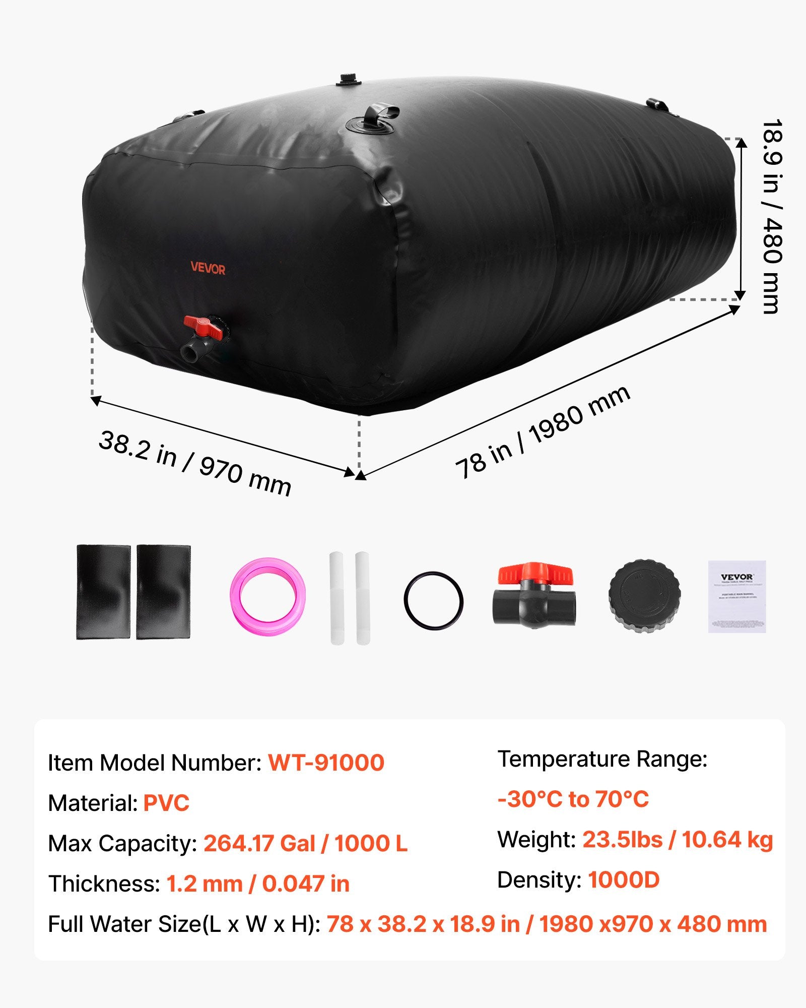 Vandens talpa (minkšta) VEVOR WT-91000, 1000 l