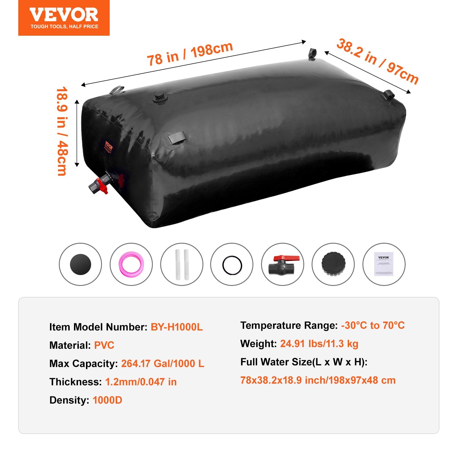 Vandens talpa VEVOR BY-H1000L, 1000 l