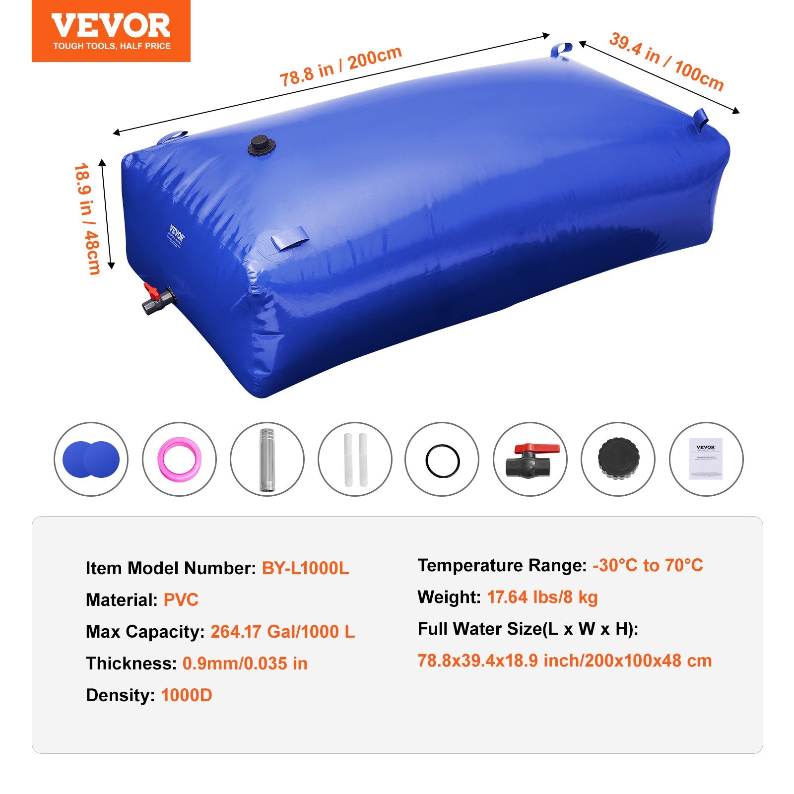 Nešiojama vandens talpa VEVOR BY-L1000L, 1000 l