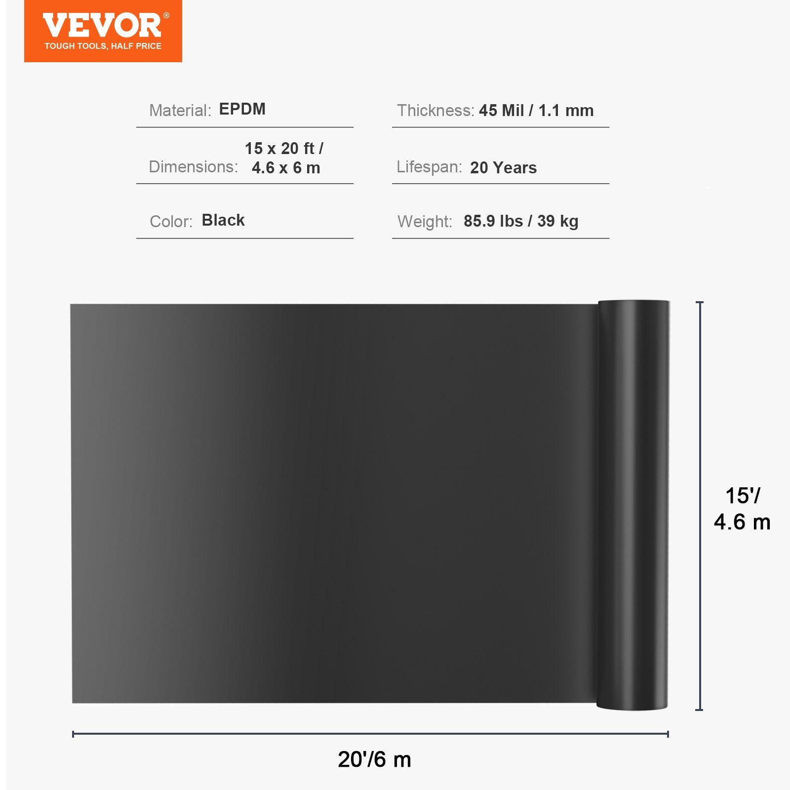 Tvenkinio plėvelė VEVOR EPDM, 4,6 x 6 m
