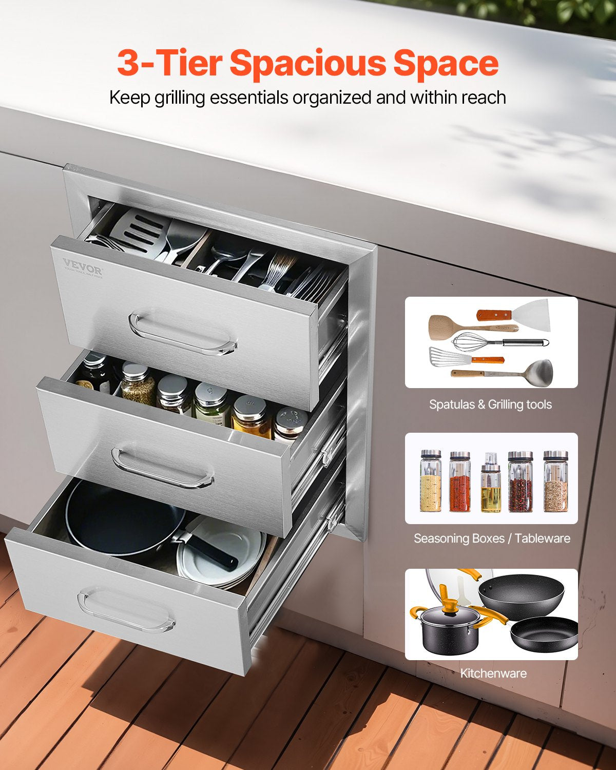 Lauko virtuvės stalčiai VEVOR KM-CTG-2302-SKU5, 3 stalčių