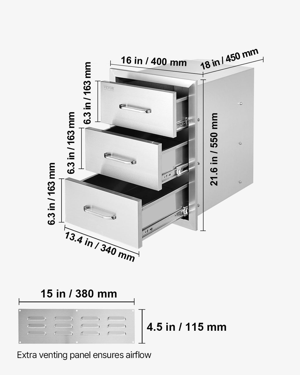 Lauko virtuvės stalčiai VEVOR KM-CTG-2302-SKU5, 3 stalčių