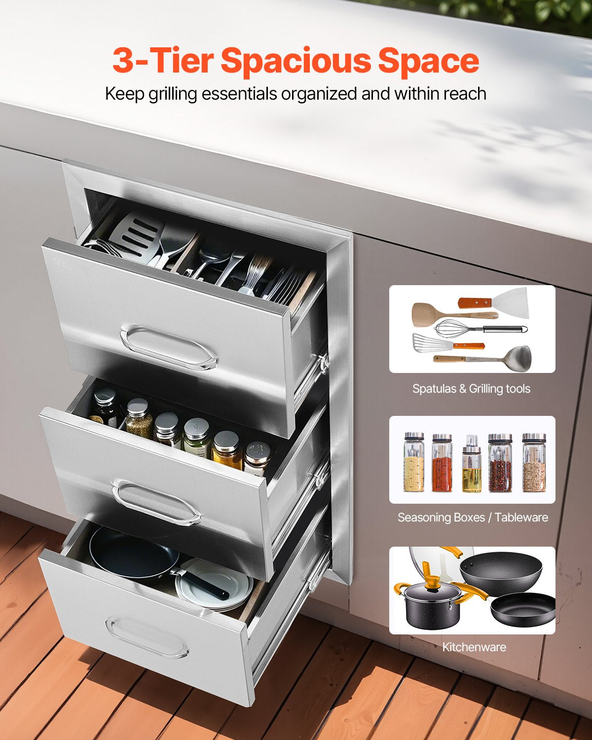 Lauko virtuvės stalčiai VEVOR KM-CTG-2302-SKU2, 3 stalčių