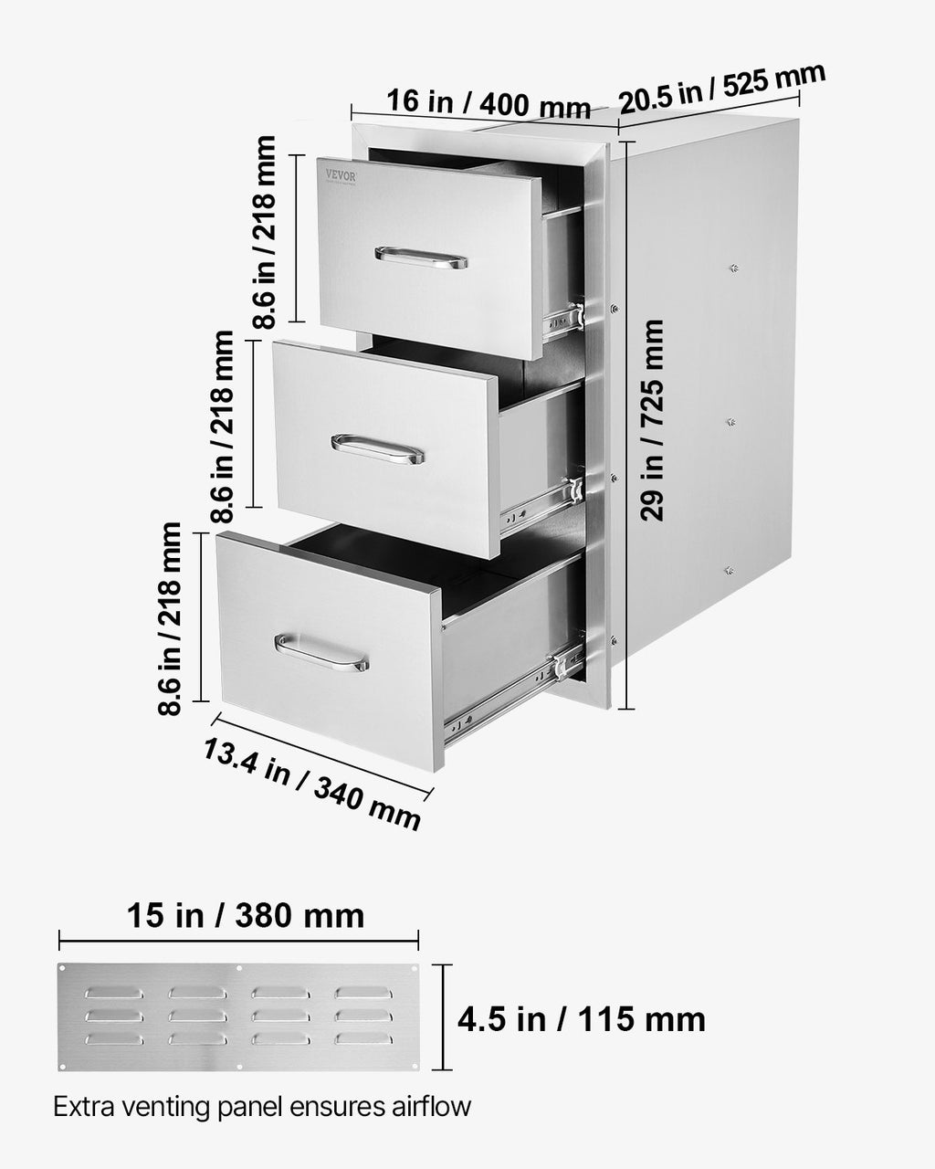 Lauko virtuvės stalčiai VEVOR KM-CTG-2302-SKU2, 3 stalčių