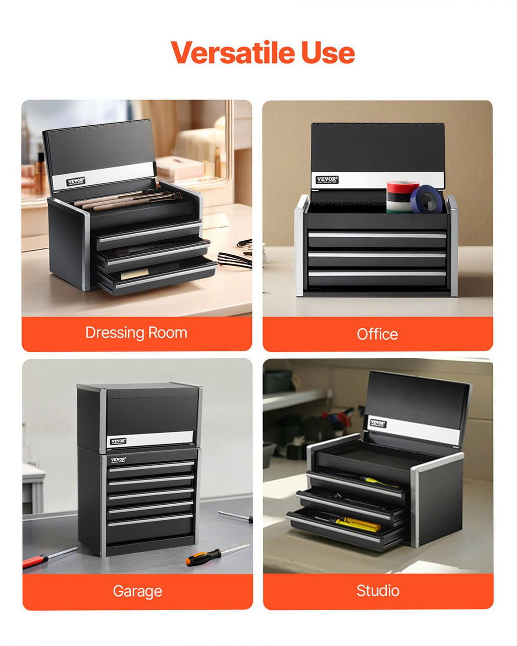 Metalinė įrankių dėžė VEVOR TBHG-913BK, 3 stalčiai
