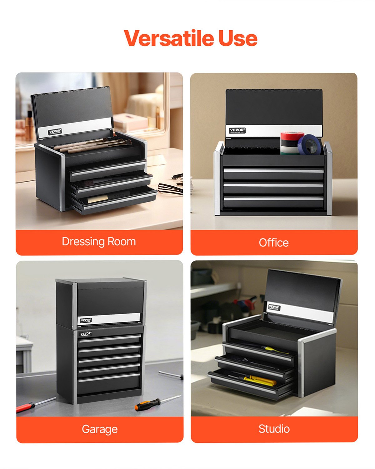 Metalinė įrankių dėžė VEVOR TBHG-913BK, 3 stalčiai