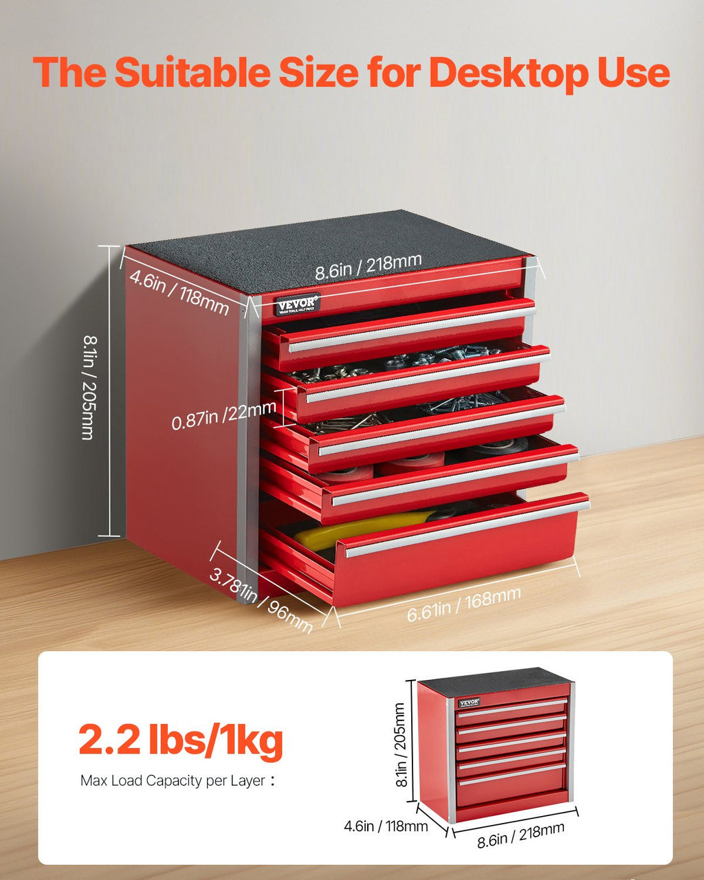 Metalinė įrankių dėžė VEVOR TBHG-905RD, 5 stalčiai