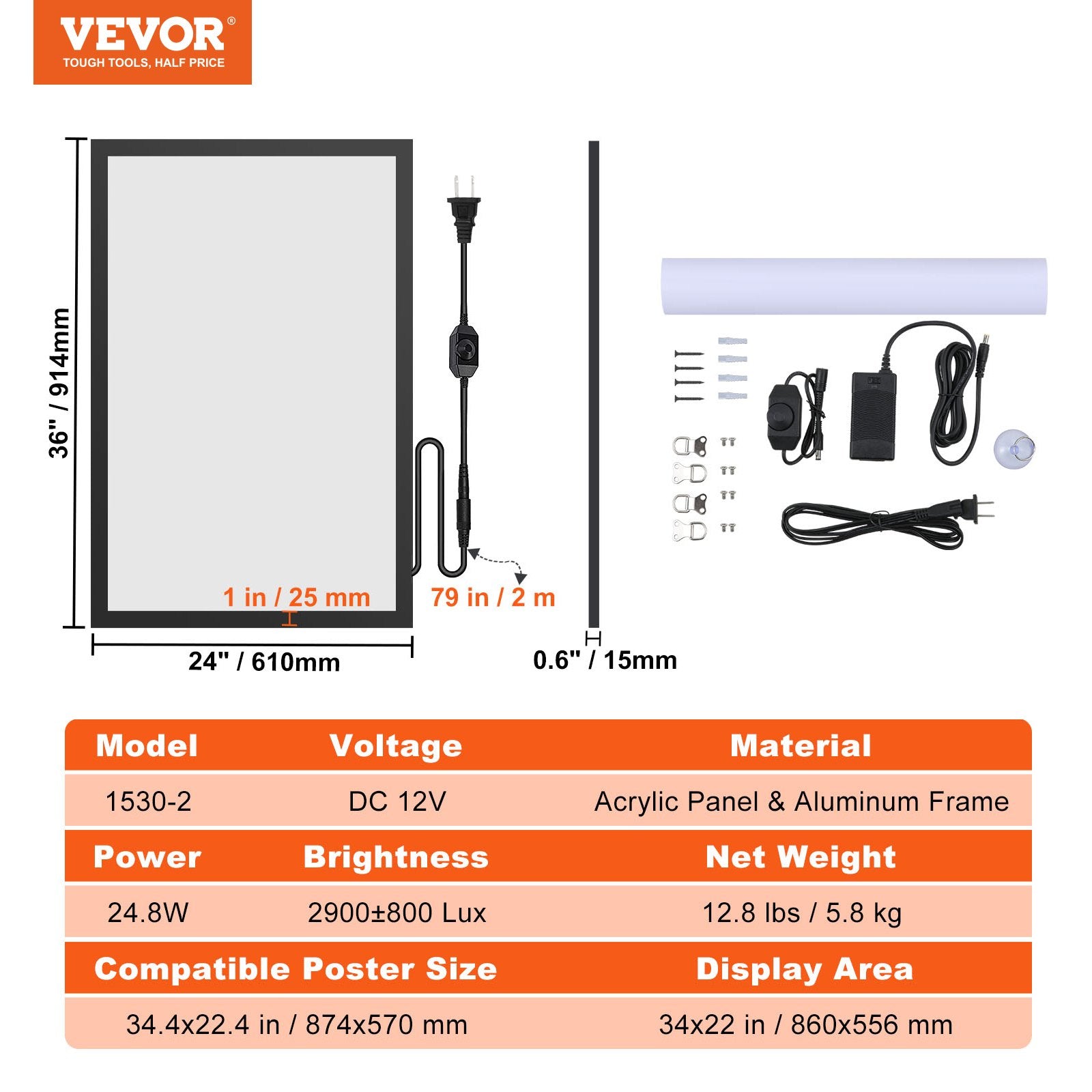 LED rėmelis plakatams VEVOR 1530-2, 24 x 36 colių