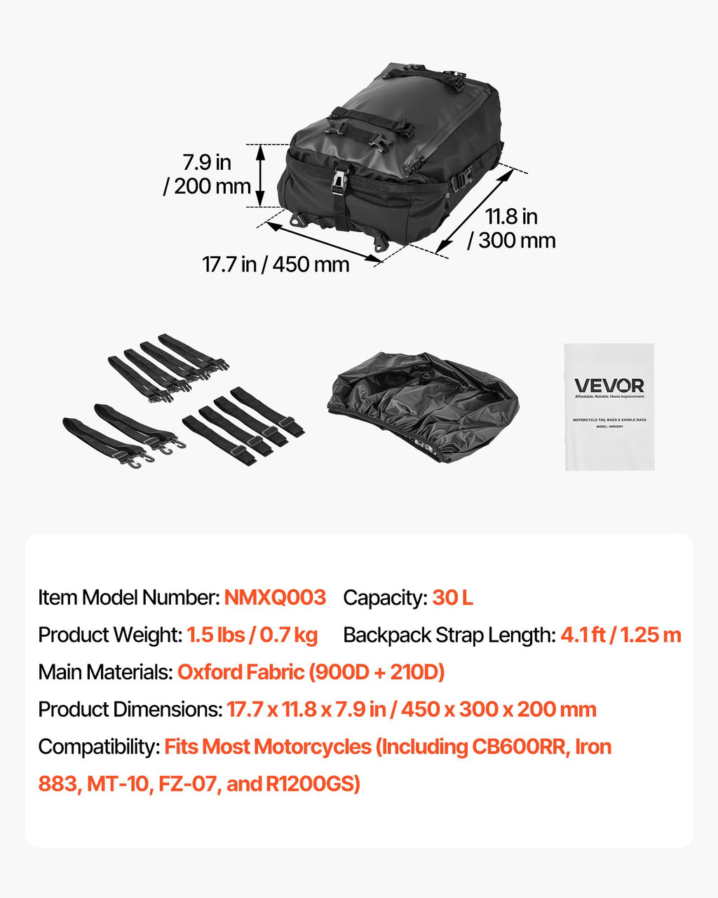 Motociklo galinis krepšys VEVOR NMXQ003, 30 L