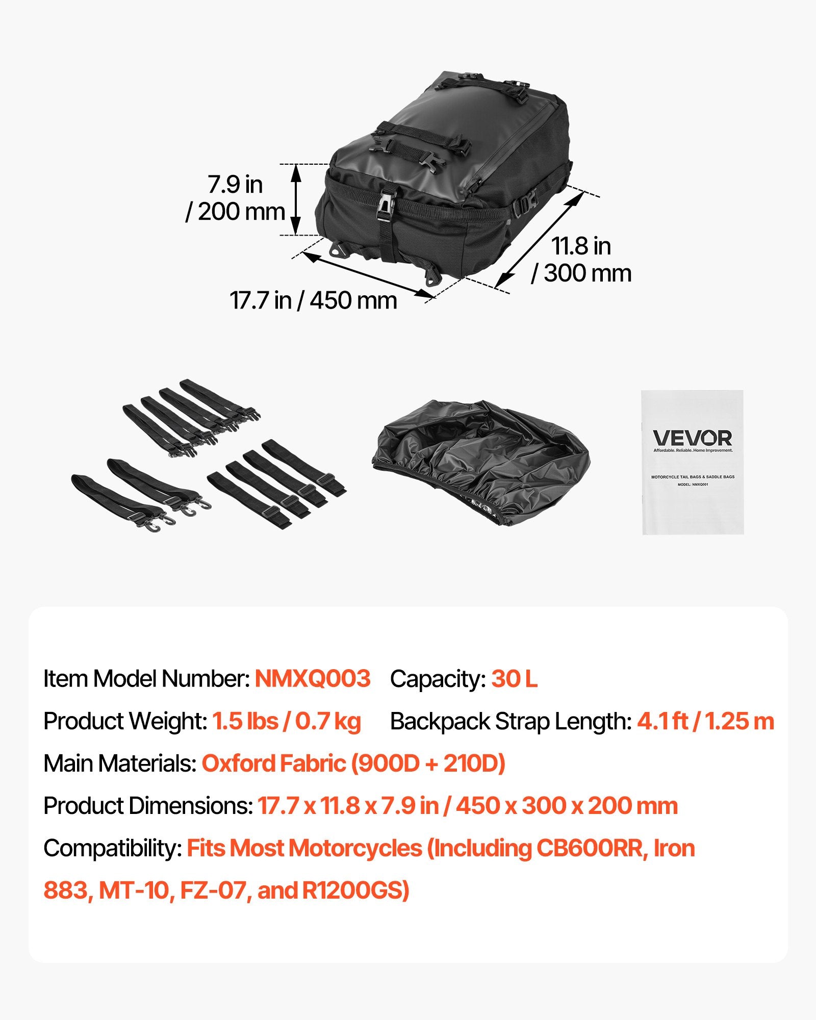 Motociklo galinis krepšys VEVOR NMXQ003, 30 L