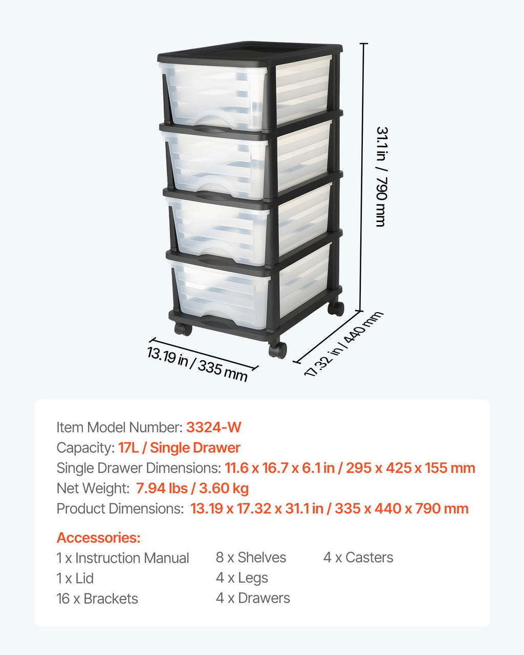 Plastikinė stalčių spintelė su ratukais VEVOR 3324-W, 4 stalčiai