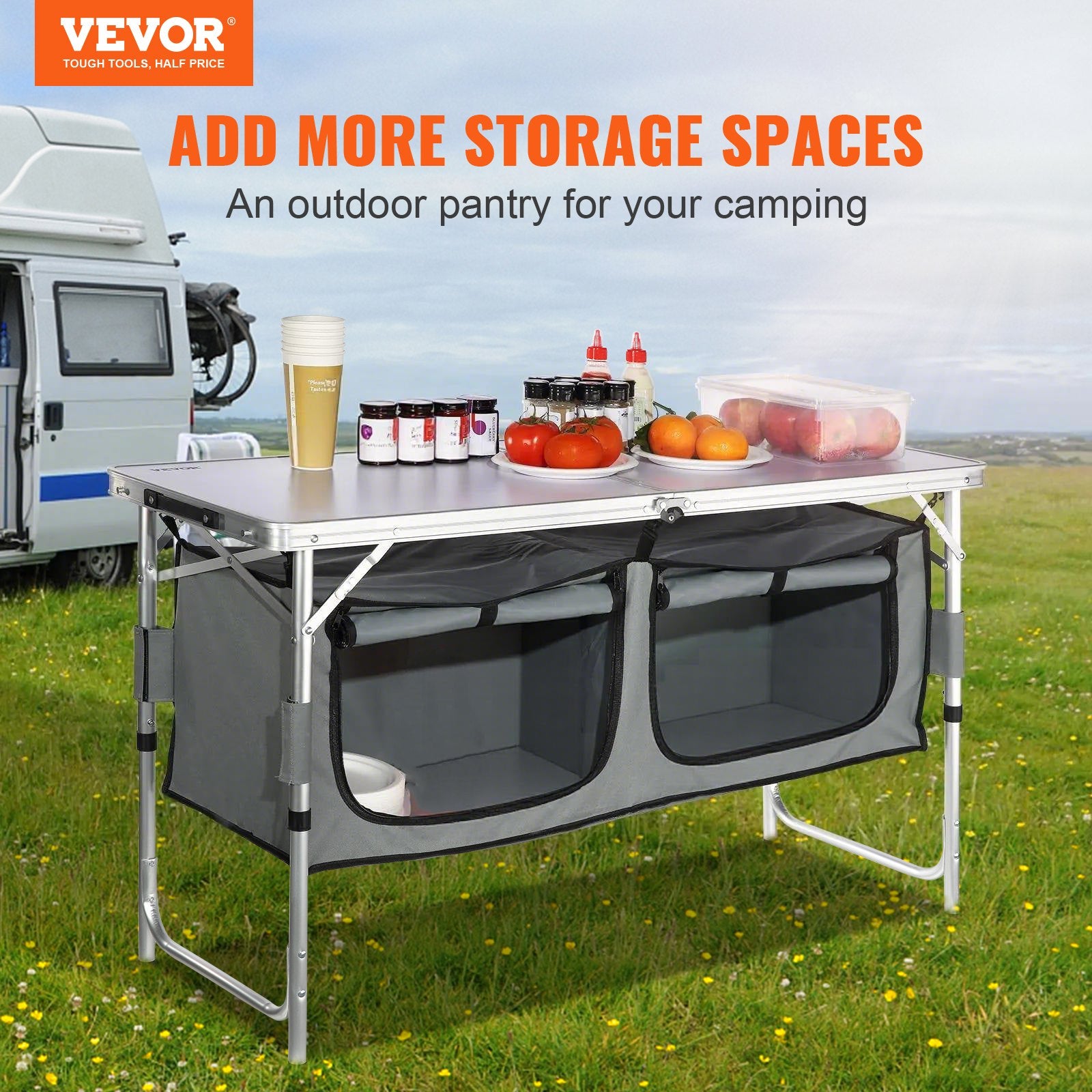 Kempingo virtuvės stalas VEVOR sulankstomas, 3 reguliuojami aukščiai