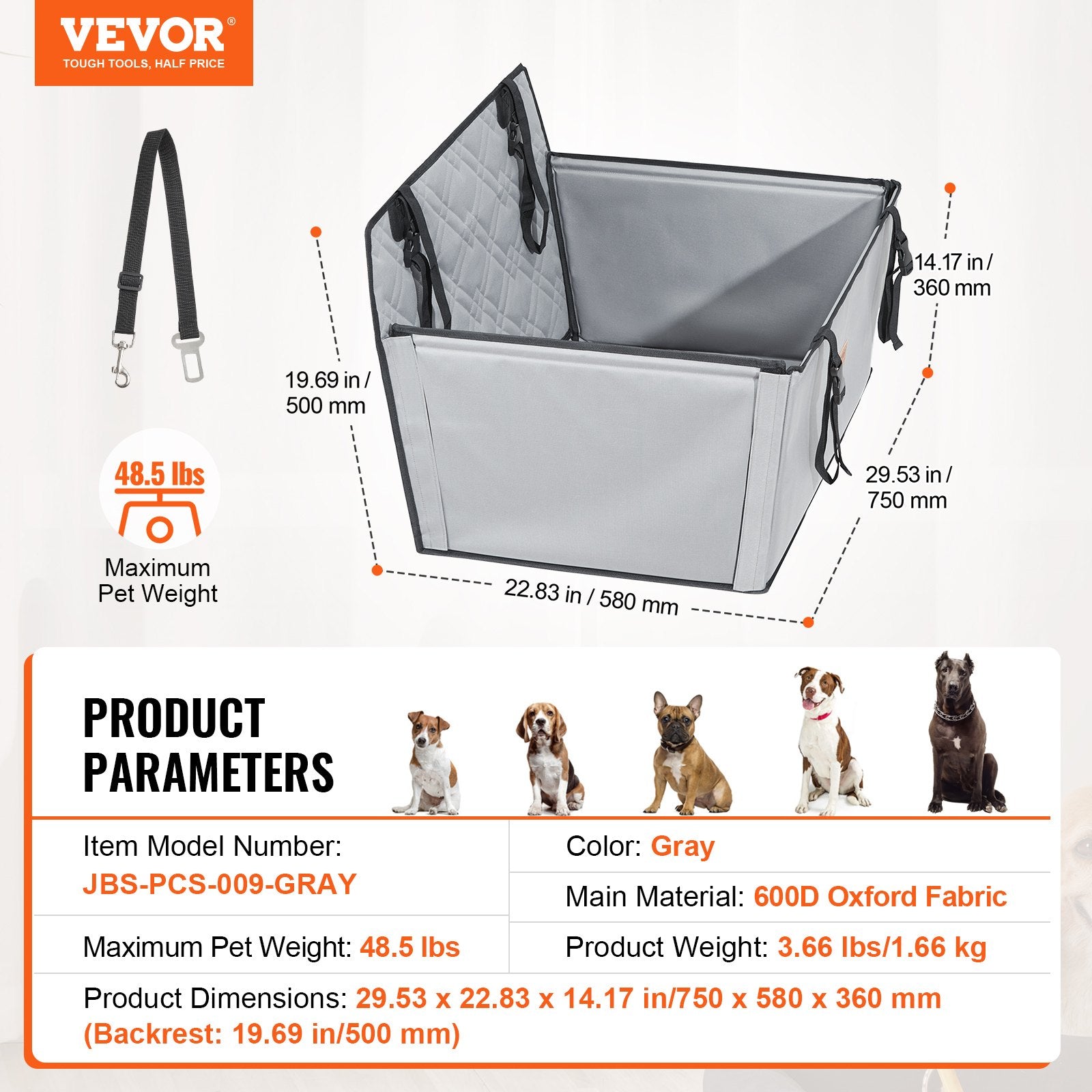 Šuns automobilinė kėdutė VEVOR JBS-PCS-009-GRAY, iki 22 kg