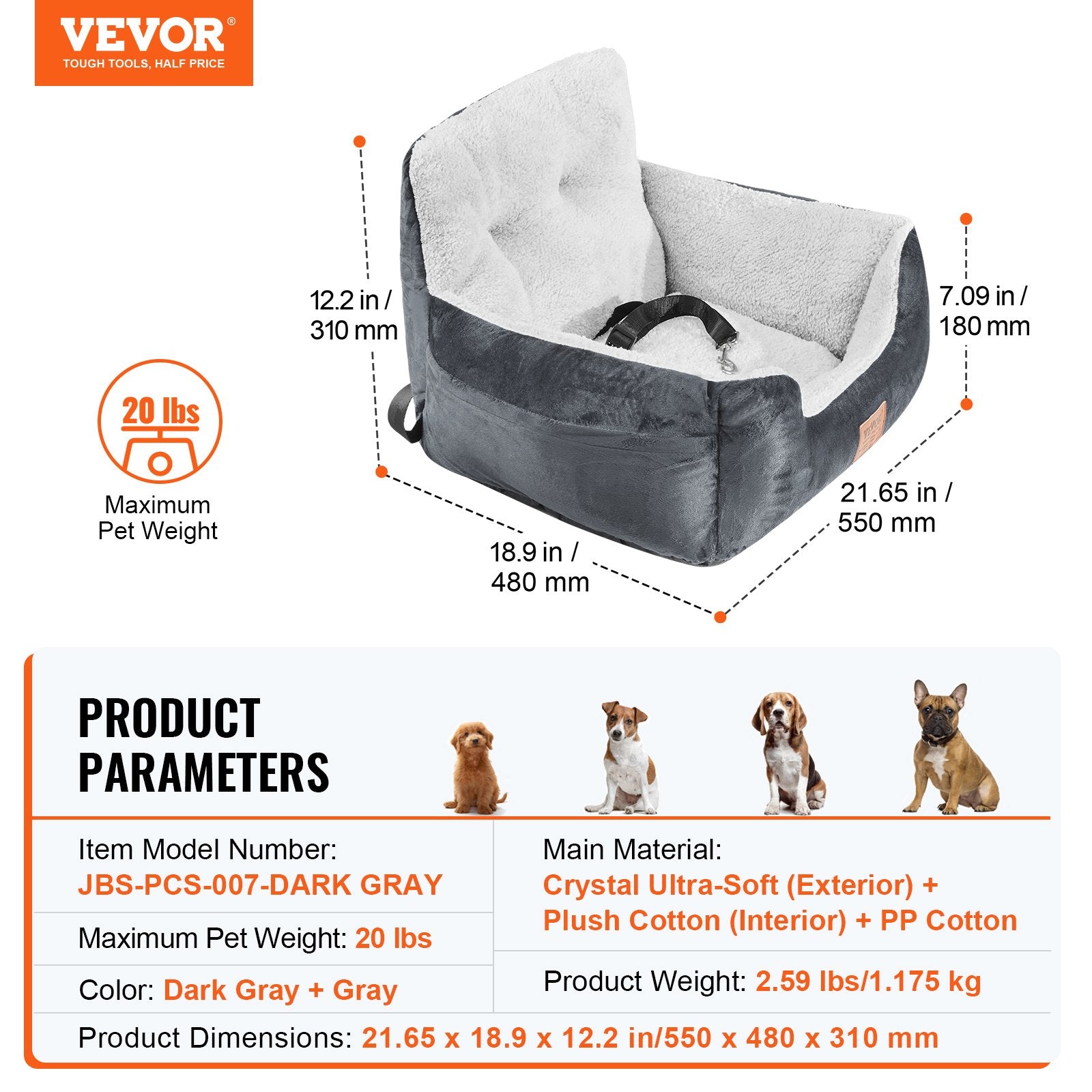Šuns automobilinė kėdutė VEVOR JBS-PCS-007-DARK GRAY, iki 9,1 kg