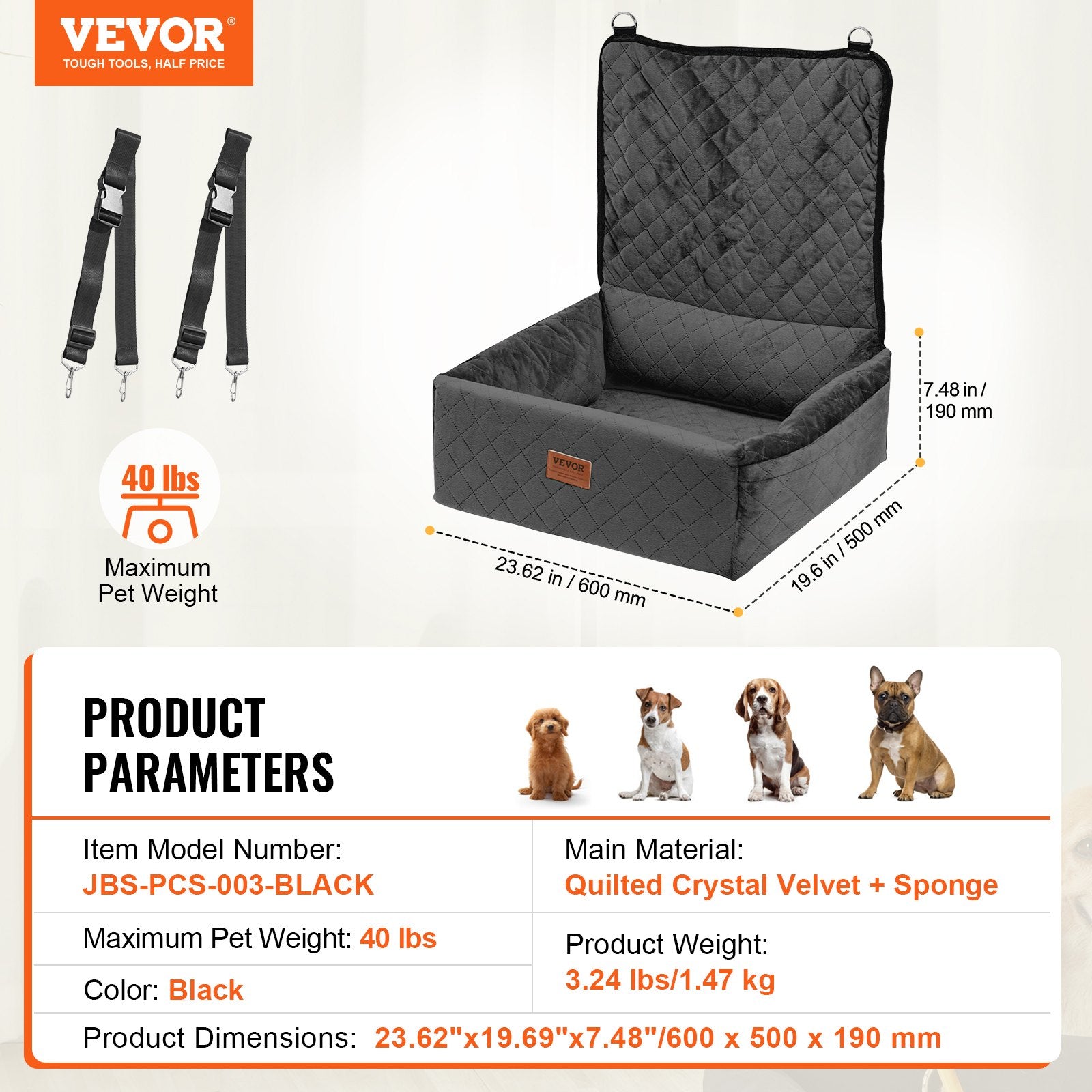 Šuns automobilinė kėdutė VEVOR JBS-PCS-003-BLACK, iki 18 kg