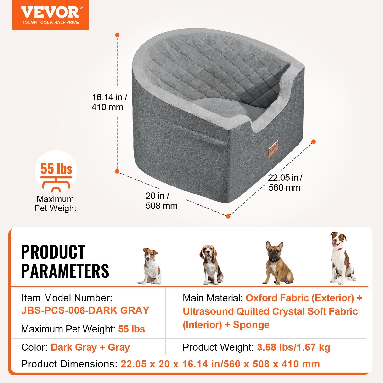 Šuns automobilinė kėdutė VEVOR JBS-PCS-006-DARK GRAY, iki 25 kg
