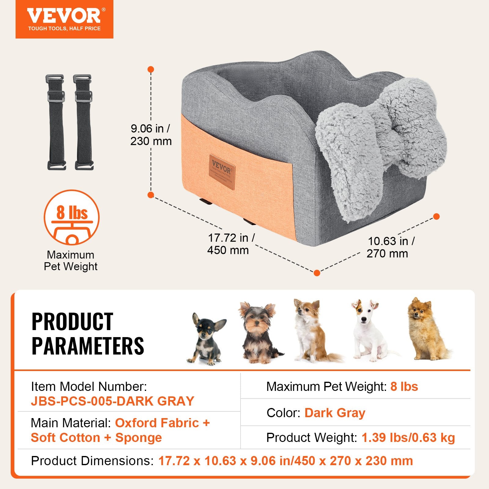 Automobilinė kėdutė šunims VEVOR JBS-PCS-005-DARK GRAY, iki 3,6 kg